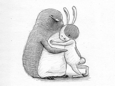 Charles the Bunny character friends graphite hug humor illustration pencil penguin rabbit summer