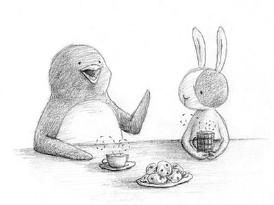 Tea Time character friends graphite humor illustration pencil penguin rabbit tea