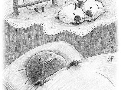 Insomnia character graphite humor illustration pencil penguin sheep sleep