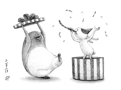 Happy Birthday Me! birthday bunny character graphite happy humor illustration pencil penguin rabbit
