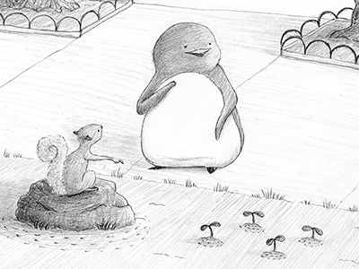 Spring is Coming! character graphite humor illustration pencil penguin spring squirrel
