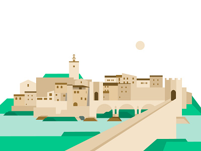 besalu by rafa narand bridge city geometric illustration medieval river skyline town vector