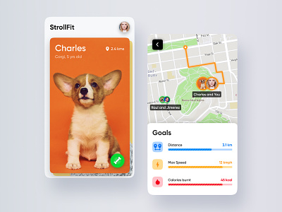 StrollFit aesthetics android cards colorful design dog figma goals interface ios map minimal mobile navigation stroll ui uidesign uiux vector walk