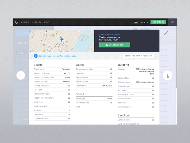 Next Comp Transition browse data modal react real estate