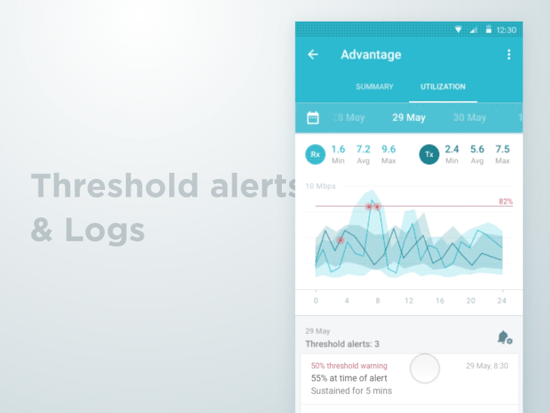 Threshold alerts and Connection Logs android chart connection console material design mobile app ui utilisation ux