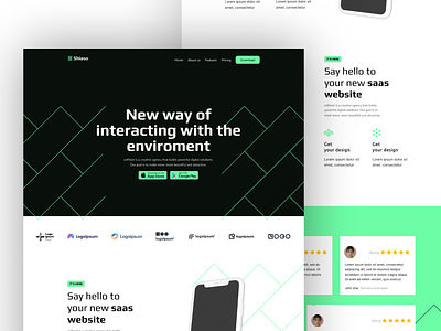 Shiaso dark design green header landing page testimonials
