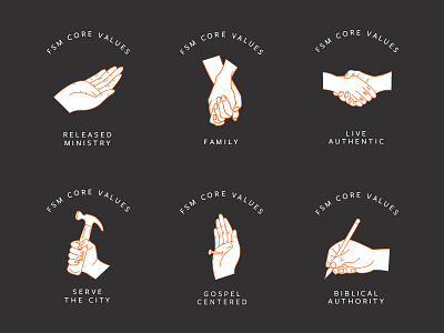 FSM Core Values black and white church fayetteville hands icons illustration logos minimal