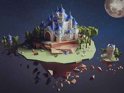 The Castle In The Sky 3d c4d castle illustration island night tree weapon