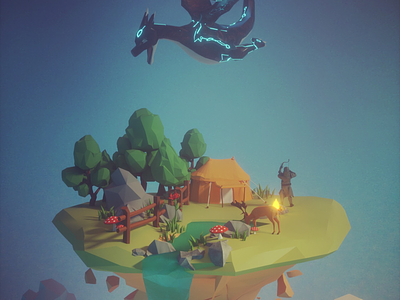 Isolated island：conflict island，dragon，deer，lowpoly