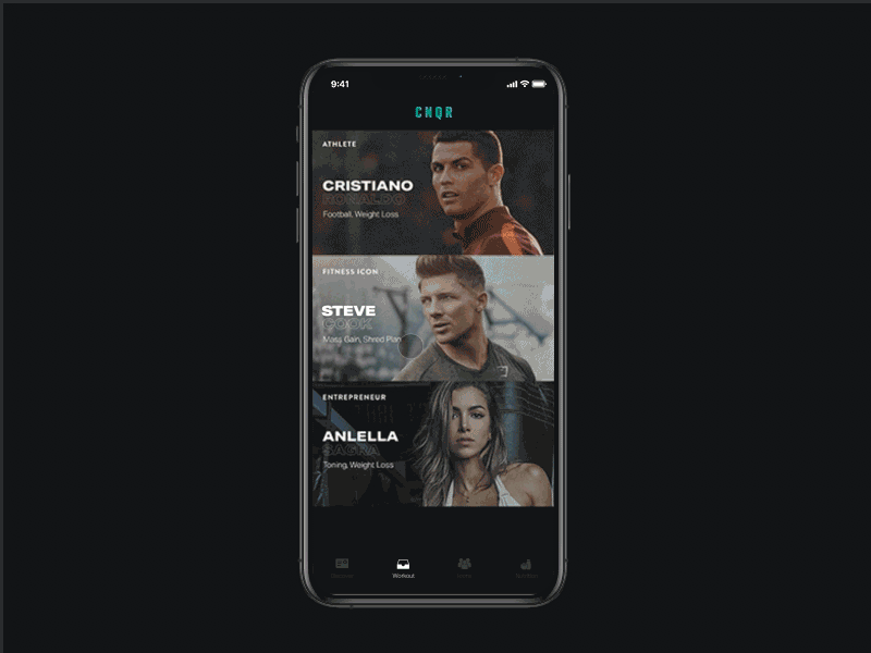 Cnqr Appanimation app fitness gym ui ux