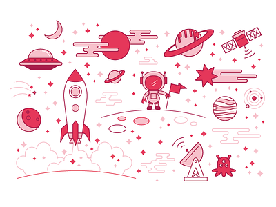 Pink Line-Based SPACE Illos aliens illustration line lineart linework monoline outer space planets rocket single space width