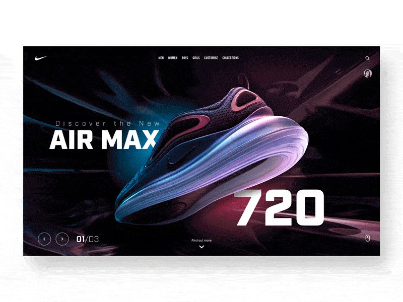 Daily UI "Follow on Mouse Over" animation concept design exploration fashion header interaction interface motion nike nike air max parallax principle product sneakers ui ux web webdesign website