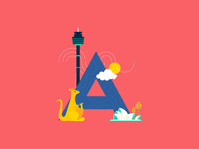 A for Australia 36daysoftype australia colors creative cutegraphicstyle dailychallenge design goldenwattle illustration illustrator kangaroo opera sydney vector