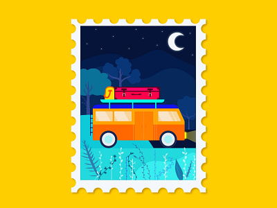 Carvaan design flat illustration art illustrator ilustration night night travel poststamp scenery stamp travel traveling vector