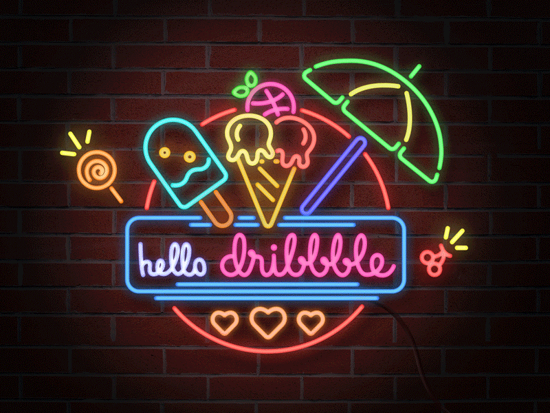 Hello Dribbble debut dribbble first first shot hello ice cream neon neon lamp neon light