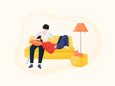 Life with you_02 boy cat character girl illustration life love man rest sofa table lamp talk