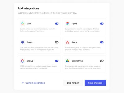 Integrations modal - uxwithdev asana branding dashboard design figma google drive integration logo modal popup slack teams typography