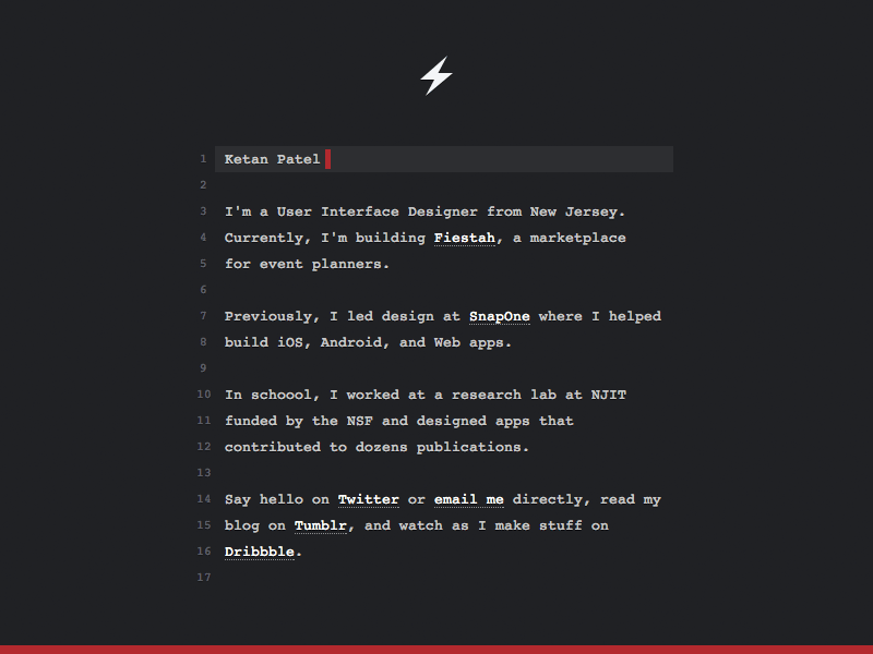 ketan.cc about animation code codeview command lightning personal website syntax terminal