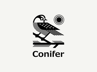 Conifer bird bird logo brand identity canada character geometric illustration logo logotype mascot modern logo pine sun vector