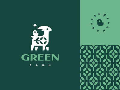 Green Farm animal character cheese chick cute flower goat logo logotype mascot milk pattern plant star