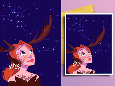 Greeting Card character constellation girl greeting card illustration moose nature postcard design stars universe