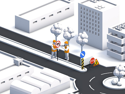 3d road works 3d 3dmodeling c4d cinema4d city isometric illustration low poly road workers
