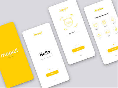 Meow! App Onboarding app flat icon illustration logo minimal mobile onboarding sketch startup ui ux