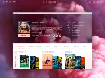 DailyUI 006 - User Profile book dailyui dailyui006 dashboard database games list movie music podcast stats tv show user profile web app wishlist