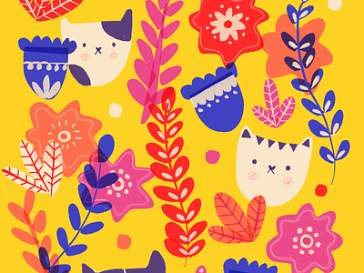 🐱 cat color digital art flores flowers gato illustration ilustración pattern