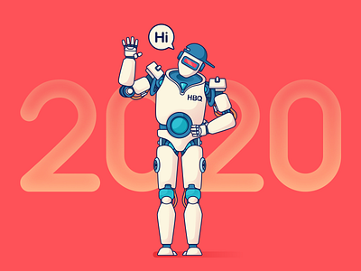 Hi，2020 2020 blue hat illustration line red robot