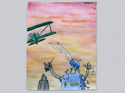 Robot Attack illustration water color and ink