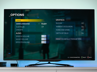 Options menu UI for a video game. game graphics menu options playstation sketch ui video videogame xbox