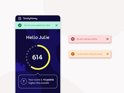 Flash messages | Daily UI Challenge #011 011 app app design credit score daily dailyui11 dashboad dashboard ui fintech fintech app flash messages mobile mobile design totallymoney ui uidaily