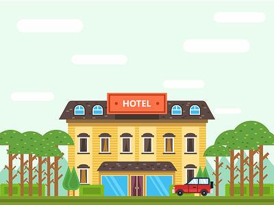 Hotel Landspace art build car city flat hotel illustration landscape travel vector