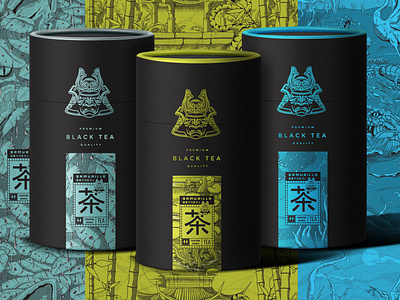 Samurillo Black Tea Illustration Art & Package Design anime art black cylinder elegant illustration japan japanese line package design packages samurai style tea traditional