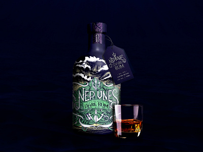 Neptune's Dark Rum Bottle Label Design blue design bottle label complex art dark rum drawing elegant style exclusive design hand drawn herbs high budget illustration design label packaging logo neptune sea waves sharks sketch stunning design underwater unique design