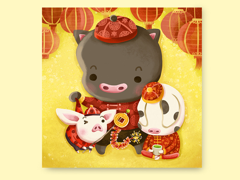 Happy Chinese New Year lanterns new year three little pigs chinese new year celebration pigs year of pig happy chinese new year happy new year digital art painting digital photoshop art illustration