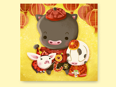 Happy Chinese New Year art celebration chinese new year digital digital art happy chinese new year happy new year illustration lanterns new year painting photoshop pigs three little pigs year of pig