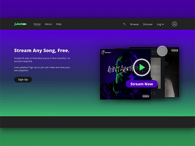 jukebox - Music Streaming Website Concept - UI Animation adobe xd animation branding concept dailyui dailyuichallange design gradient landing page landing page design music site music streaming music streaming site site concept ui web design website concept website design