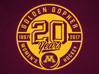 Gopher Women's Hockey 20 Years Logo 20 years badge bevel golden gophers gophers lettering logo minnesota roundel script sports