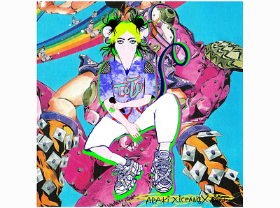 Billie in rat's look araki billie eilish brand character colorful crazy famous fashion furry gucci illustration jojo manga pop culture portrait rats reference singer snickers vector