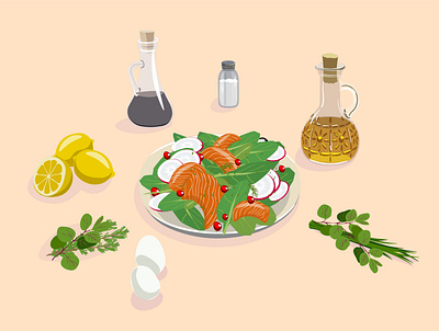salad with red fish, balsamic vinegar, salt, eggs, lemons... app colors food glass illustration illustrator vector vector art vector illustration