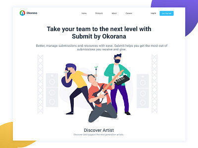 Okorana - Submit Landing Page branding figma flat header homepage identity illustration landing page lettering minimal pallete principle product illustration type vector web webdesign website