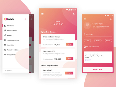 HerAlpha Product Screens app application banking burger menu dashboard goal gradient interaction interface invest investing life goals mobile product product design sales savings ui ui design ux