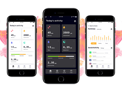 Activity Tracking App Concept activity app application calendar chart dark theme dashboard design exercise ios mobile mockup sleep statistics summary trackinng ui ux water workout