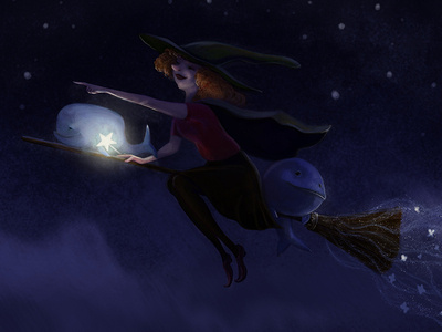 Witch and whales on the broomstick 2d art animals animation broomstick cartoon character character design childrens illustration fairytail illustration kid art kid lit night whale witch