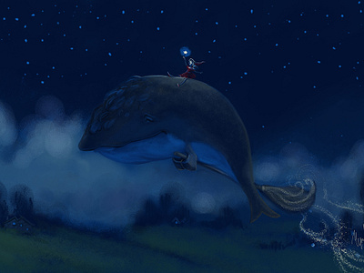 Midnight adventure 2d art animal animals character childrens illustration fly girl illustration kidlitart kids illustration poster art sky visual development whale witch