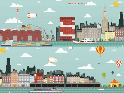 Antwerp Cityscape antwerp balloon blimp boat cathedral city illustrated cityscape container harbour plane zeppelin