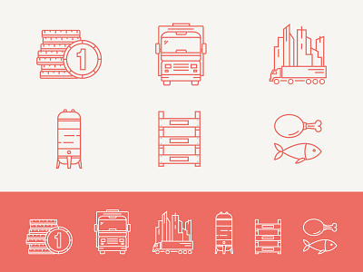 Icon Set (WIP) city transport crate fish flat icon line icons meat money silo stroke tank truck