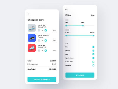 Shoes Store iOS App Design 2019 trends 2020 trends app design app mockup app ui apple buttons cart colorful ecommerce filter gradient ios light ui nike shoes sneakers trendy typography ui